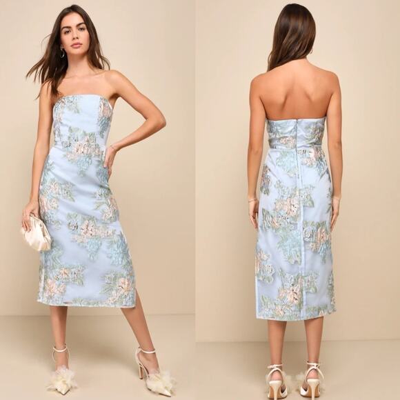 NWT Lulus Upgraded Event Blue Jacquard Strapless Bustier Midi Dress Wessing XS - Picture 1 of 10